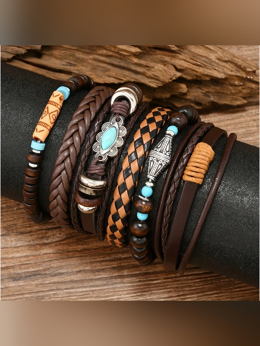 Bohemian Bracelets Brown Turquoise Silvery 6-piece  Set Hippie Style Jewelry - Picture 7 of 10